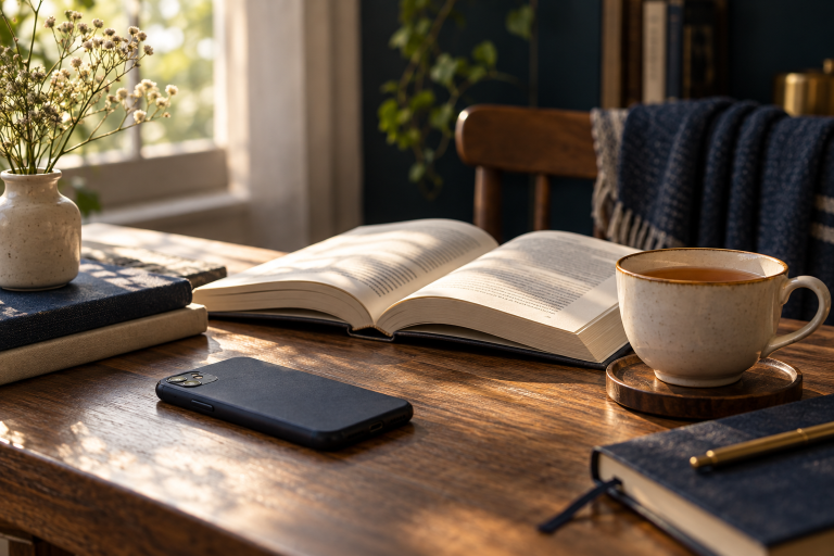 Teléfono boca abajo junto a un libro y una taza durante un momento de concentración.