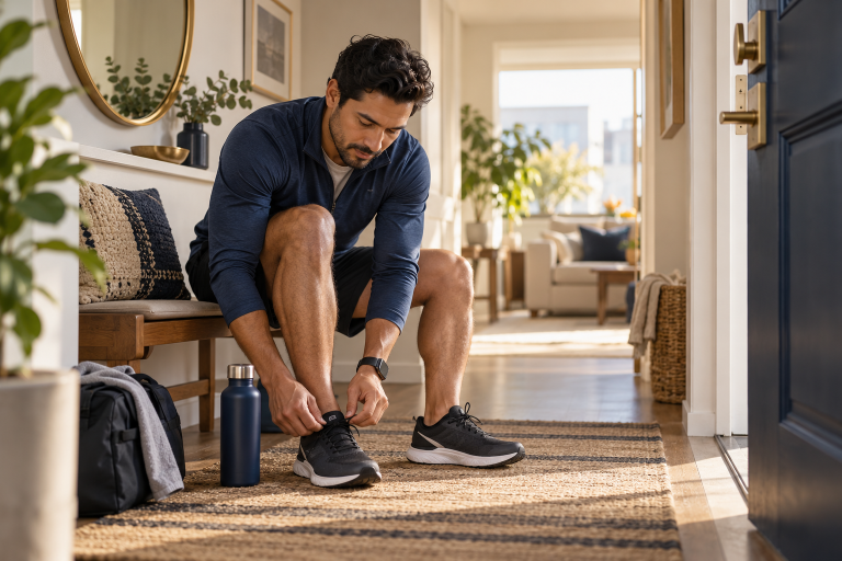 Hombre prepara sus zapatillas y una botella de agua junto a la puerta para facilitar su rutina.