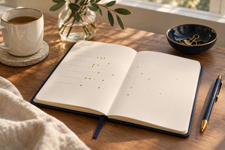 Cuaderno de hábitos con algunos puntos marcados y espacio en blanco, sin una racha perfecta.