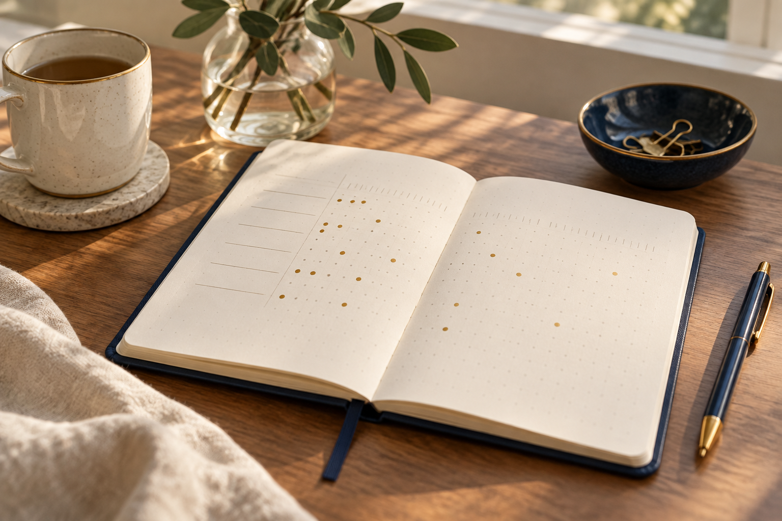 Cuaderno de hábitos con algunos puntos marcados y espacio en blanco, sin una racha perfecta.