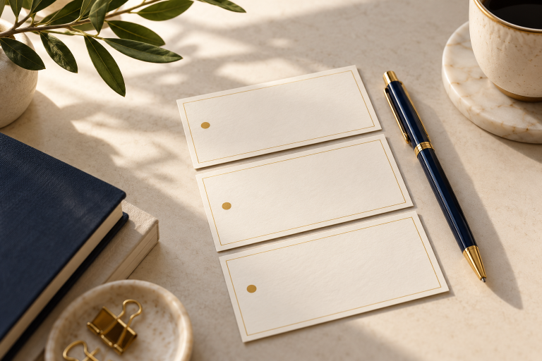 Tres tarjetas en blanco ordenadas sobre una mesa como prioridades de la semana.