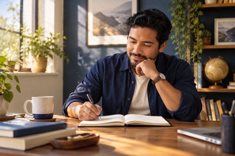 Hombre escribe su plan semanal en un cuaderno en un escritorio iluminado por la mañana.