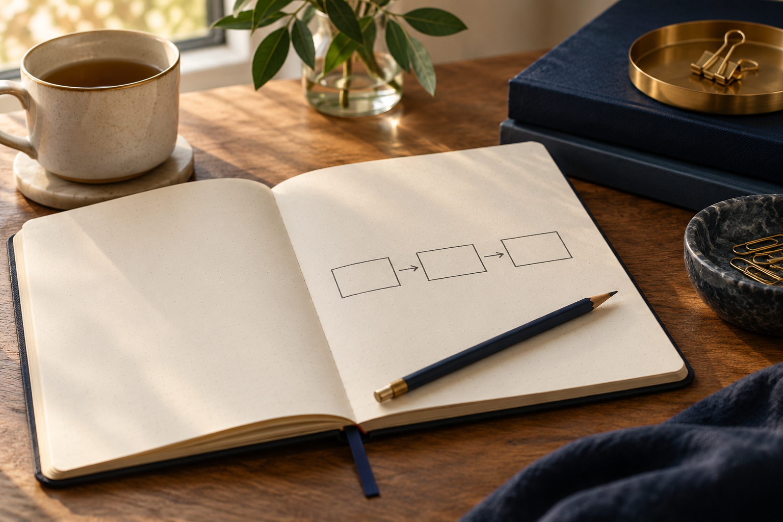 Cuaderno con una ruta de tres casillas vacías y un lápiz para dividir una tarea.
