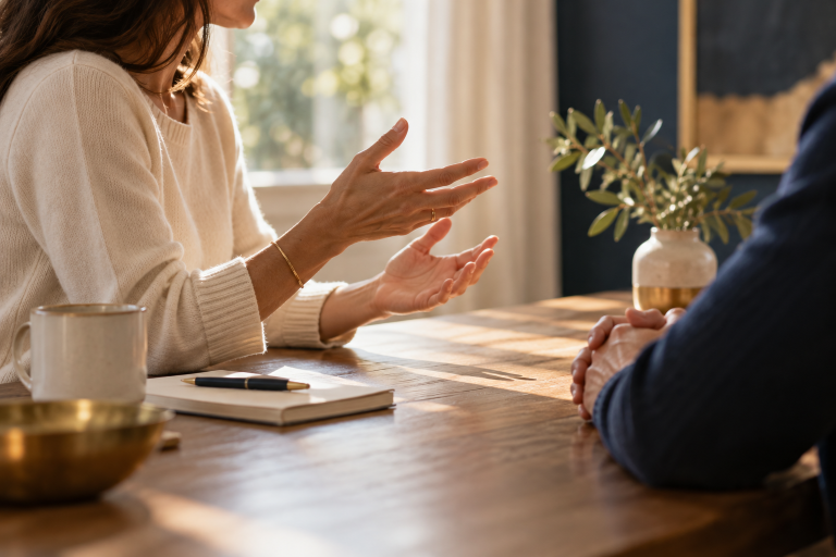Persona conversa con calma en una mesa y expresa una postura respetuosa.