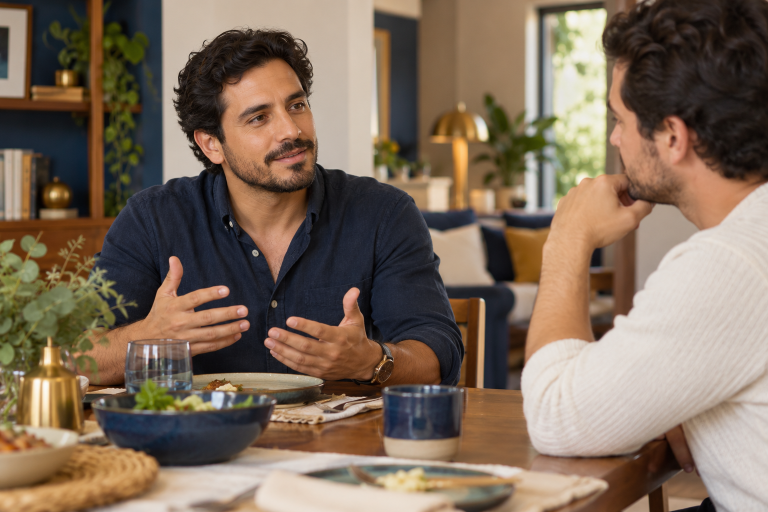 Hombre conversa con calma y expresa un límite con respeto a un amigo.