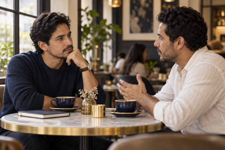Dos hombres conversan frente a frente y uno escucha con atención al otro.