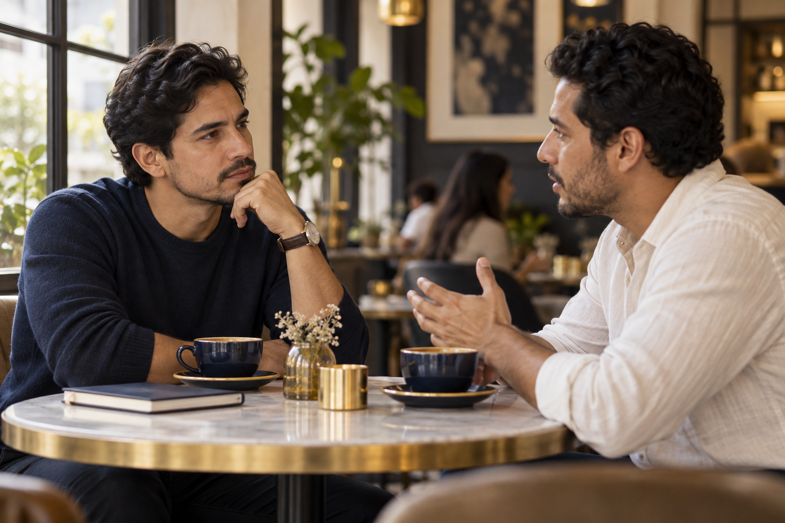 Dos hombres conversan frente a frente y uno escucha con atención al otro.