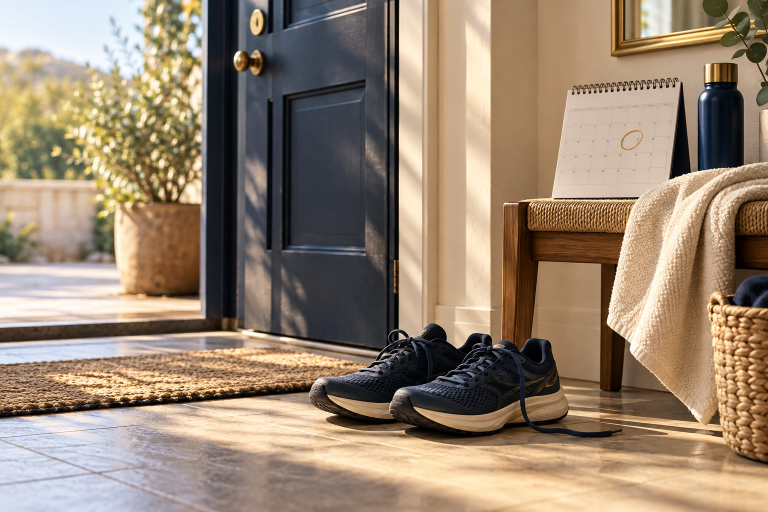 Zapatillas junto a una puerta y un calendario, como recordatorio de volver a una rutina.