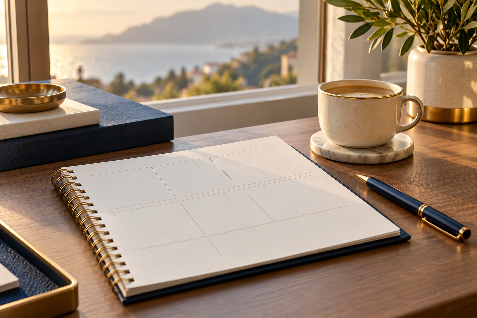 Agenda semanal con pocas tareas y espacios libres sobre un escritorio junto a una ventana.